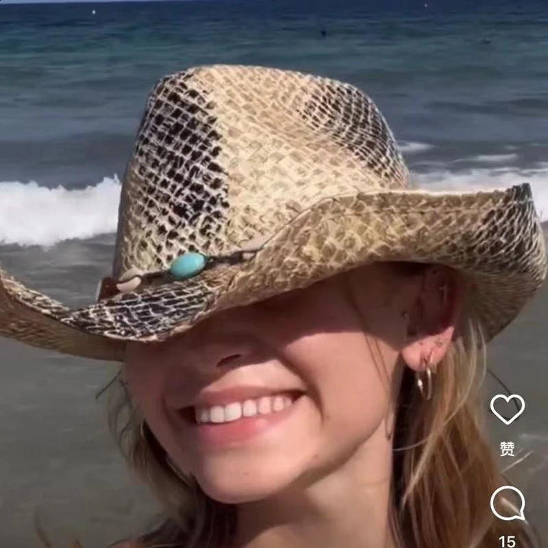 Summer Hand-woven Grass Painting Western Straw Cowboy Hat Women Men Outdoor Sun Protection Cowgirl Top Hat Sombreros De Mujer 240718