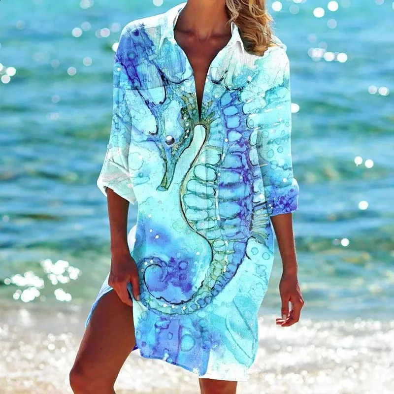 Summer 3D seahorse and turtle print shirt beach sexy jacket long sleeved womens vest dress 240729