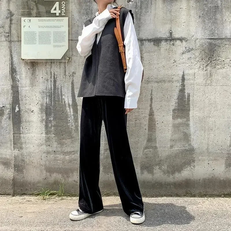 Casual Women Pants Velvet Pants Autumn Long Straight Wide Soft Leg Trousers Elastic Waist Female Sweat Pants Women 240730
