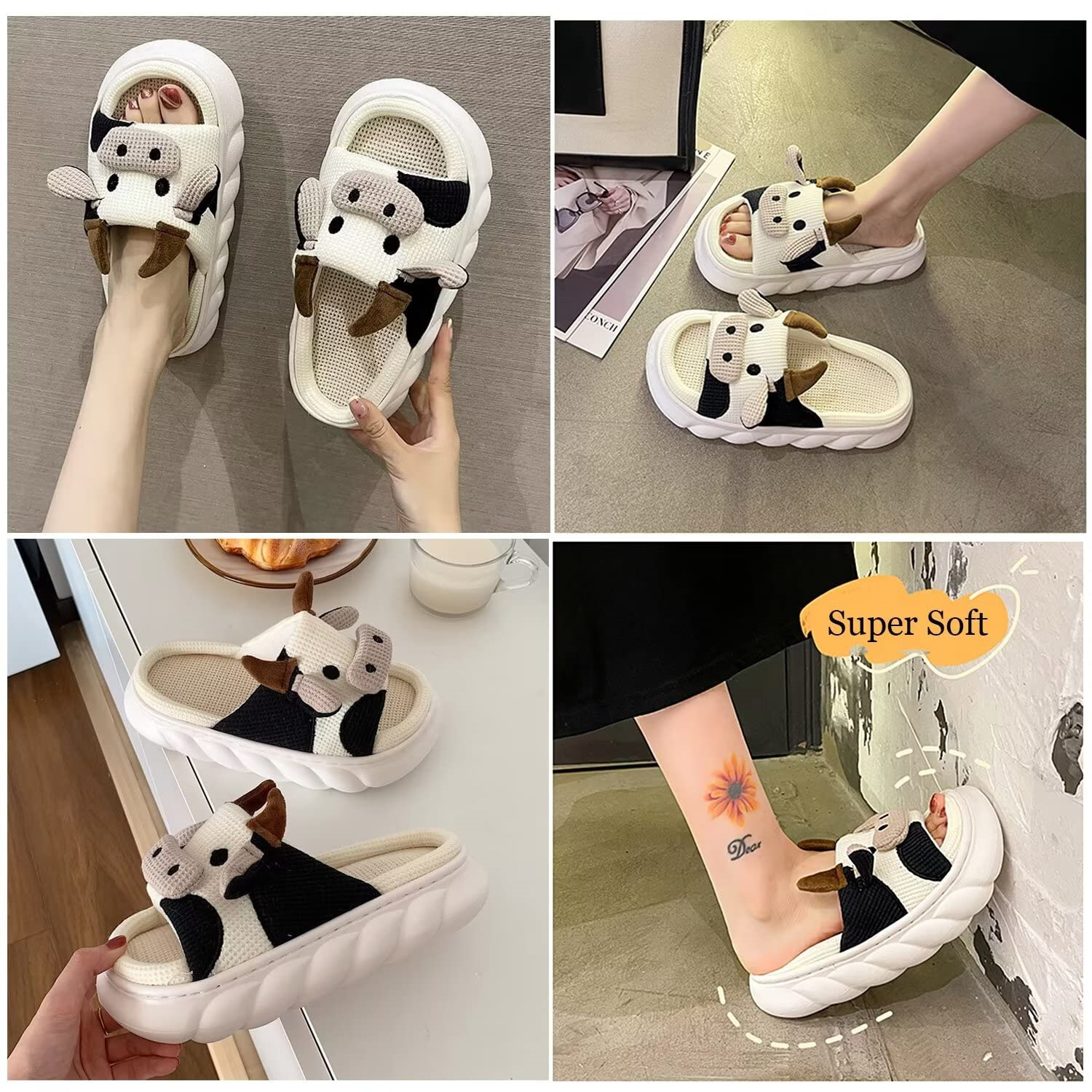 Cute Cartoon Milk Cow Home Slippers Men Thick Sole Open Toe Cotton Slippers Woman 2023 Autumn Winter Soft Indoor Slides Shoes