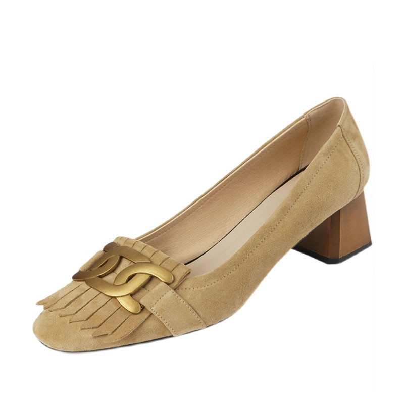 New Women's Faux Suede Fringed Pumps Metal Mid Heels Boat Wood Grain Heel Slip on Dress Shoes Office atos Mujer 1190N