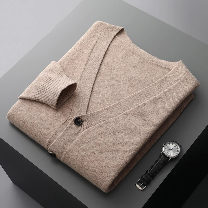 100% pure wool mens cardigan cashmere sweater knitted jacket solid color long sleeved highquality top for autumn and winter 240824