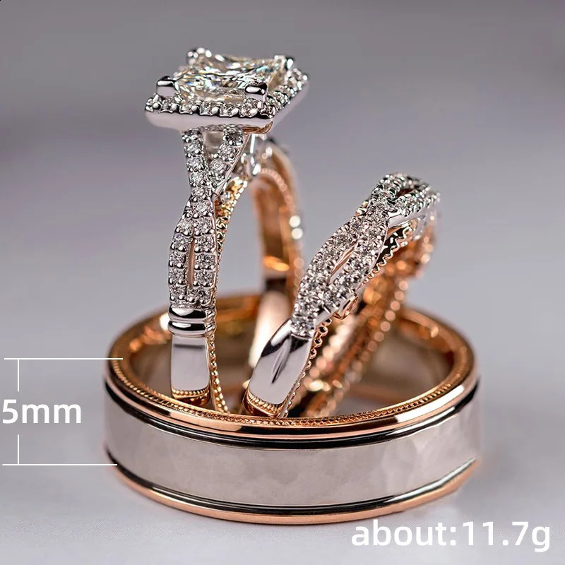 18K Rose Gold Couple Lab Diamond Ring Sets Party Wedding Band Rings For Women Men Promise Engagement Jewelry 24