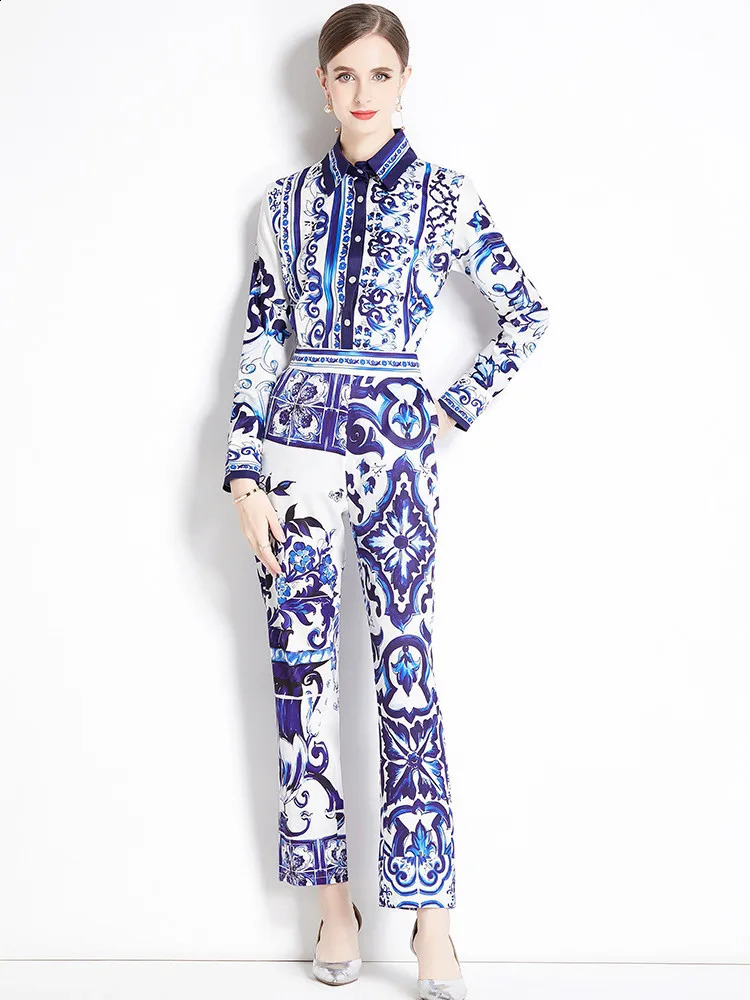 Autumn Blue And White Porcelain Flower Print Two Piece Set Womens Long Sleeve Shirt TopPocket Pencil Satin Pant Suit Outfits240730
