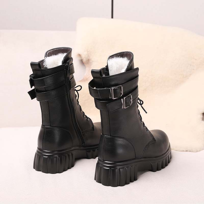Winter AIYUQI 2024 New Platform Genuine Leather Middle Wool Warm Biker Boots Women 7474