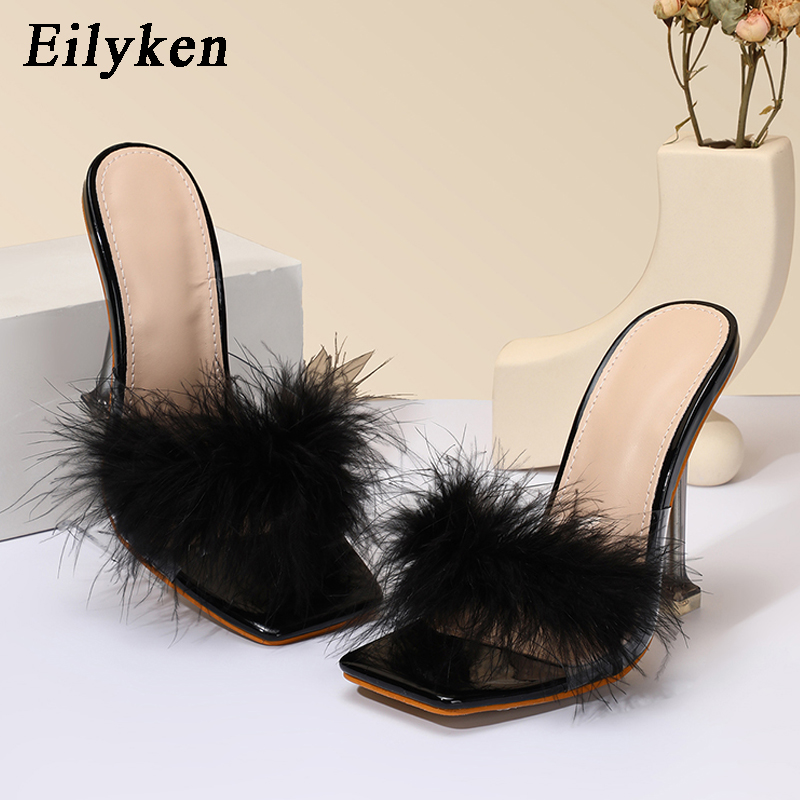 New Eilyken 2024 PVC Shoes Slippers Woman Feather Transparent High Heels New Fur Pumps Square toe Mules Lady Slides a61a