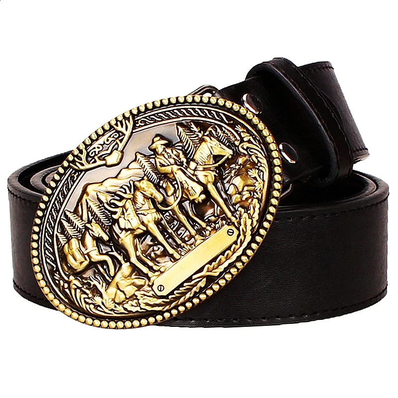 Fashion Mens Leather Belt Knight Wild West Cowboy Style Hip Hop Rock Jeans Waistband Metal Golden Buckle240723