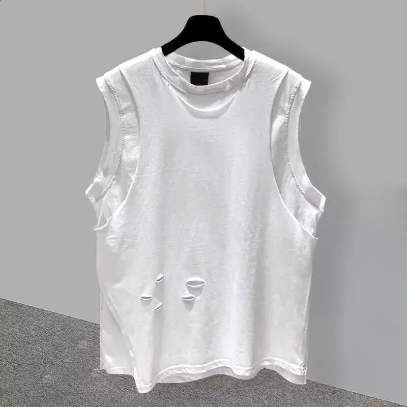 Mens Clothing Sleeveless T-shirt Summer Loose Men Tank Top Leisure Solid Hole Priming Shirt Round Neck Fitness Running Men Tops 240729