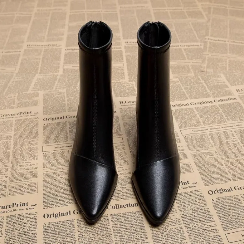 Ankle Boots for Women's Thick Heel Spring Summer Autumn Single Boots 2023 New Pointed High Heels Shoes Mid-heel Fashion