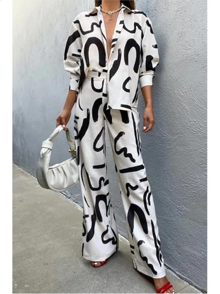 Spring Autumn Fashion Print 2 Piece Sets Women Loose Casual Pants Sets Female Long Sleeve Shirt Wide Leg Pants Two Piece Sets240730