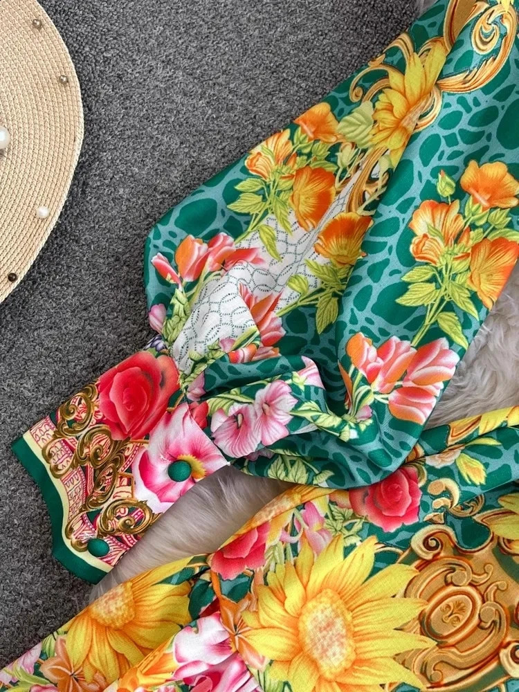Spring Summer Holiday Floral Ruffles Dress Womens Stand Long Lantern Sleeve Flower Print Buttons Lace Up Loose Vestidos Clothes240730