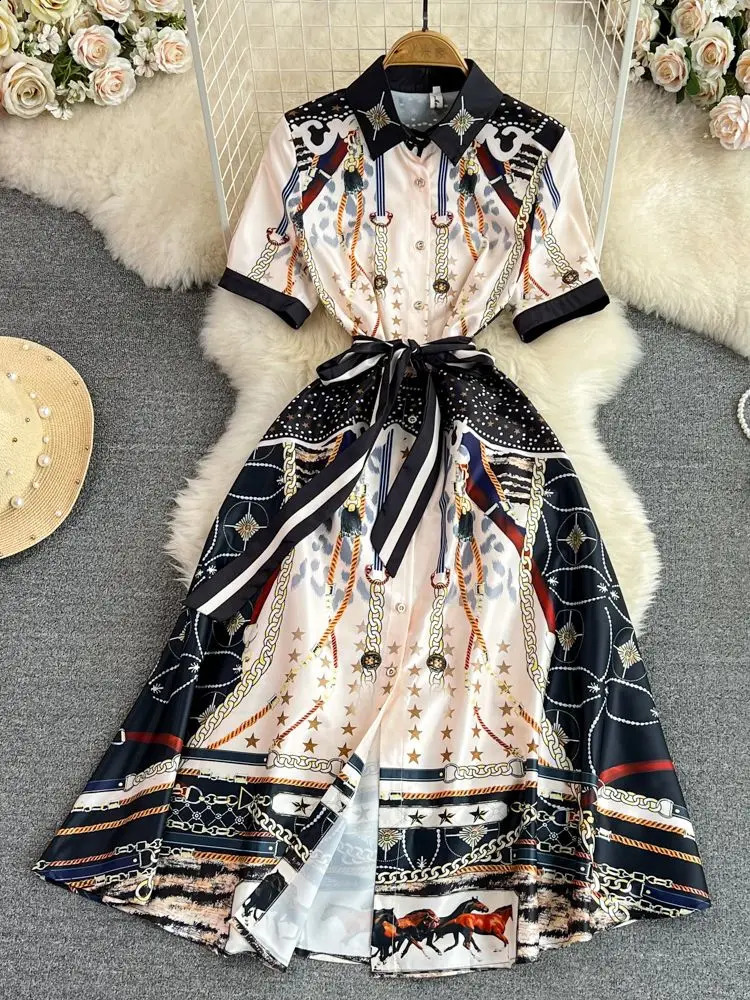 Summer Vintage Short Sleeve Lapel Shirt Dress Womens Star Chain Horse Printed Single Breasted Sashes Lace Up Midi Vestidos240730