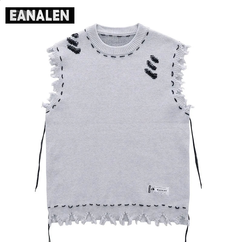 Harajuku Tattered fringed sweet vest womens y2k retro Korean oversized knitted ugly sleeveless mens aesthetic 240809