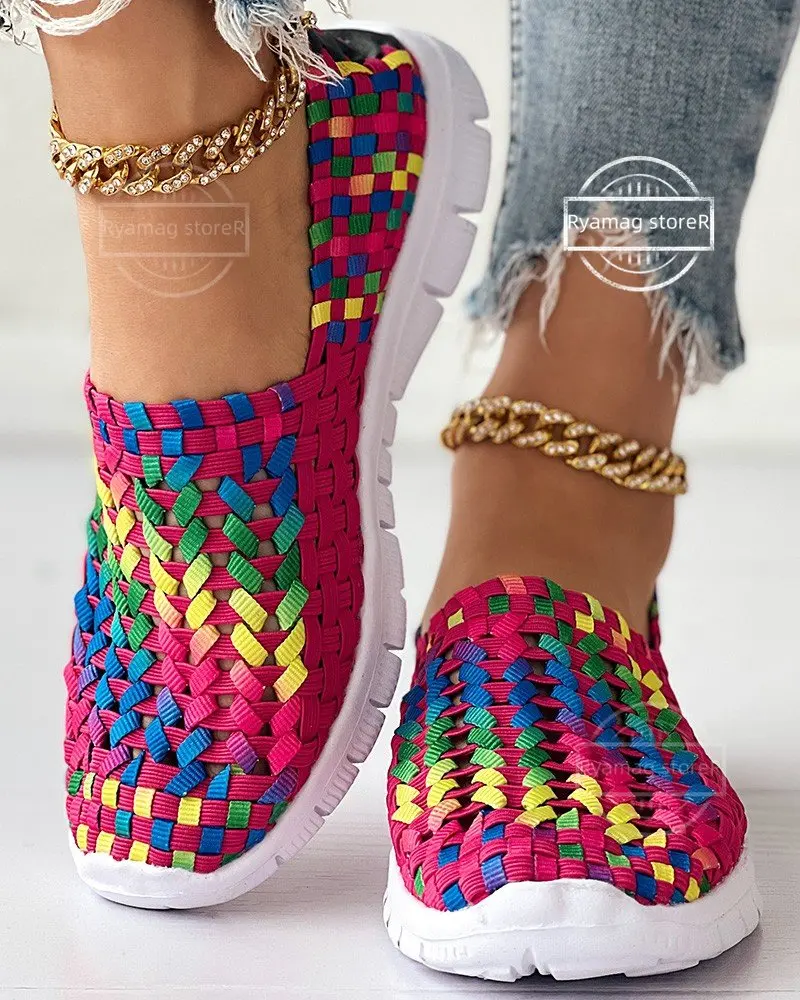 Sneakers women's Colorblock Braided Slip-on Women Flat Shoes Elastic Band Weave Shoes Women Flat Shoes Loafers Zapatos De Muje - view 5