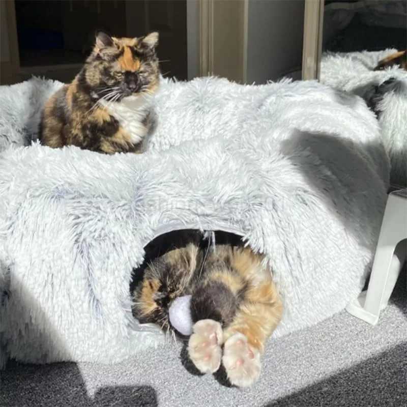 Plush cat bed with tunnel suitable for indoor cats multifunctional cat tunnel bed with Peehole fluffy donut cat bed with tunnelX240730