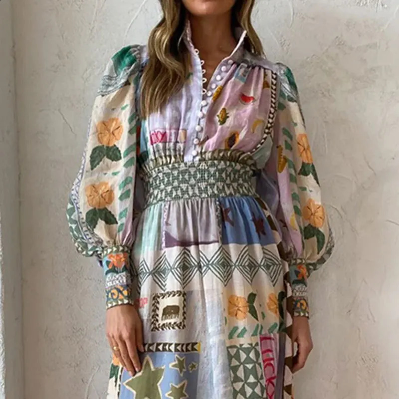 Vintage Printed Patchwork Hollow Out Womens Maxi Dress Fashion V Neck Puff Sleeved Long Dresses Female Highstreet Vestidos240730