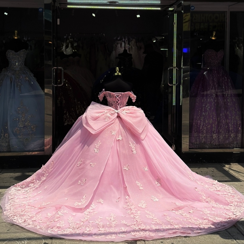 Pink Princess Quinceanera Dresses Off The Shoulder Crystals Beads Bow Birthday Party Sweet 16 Dress Ball Gown Vestido De 15 Anos
