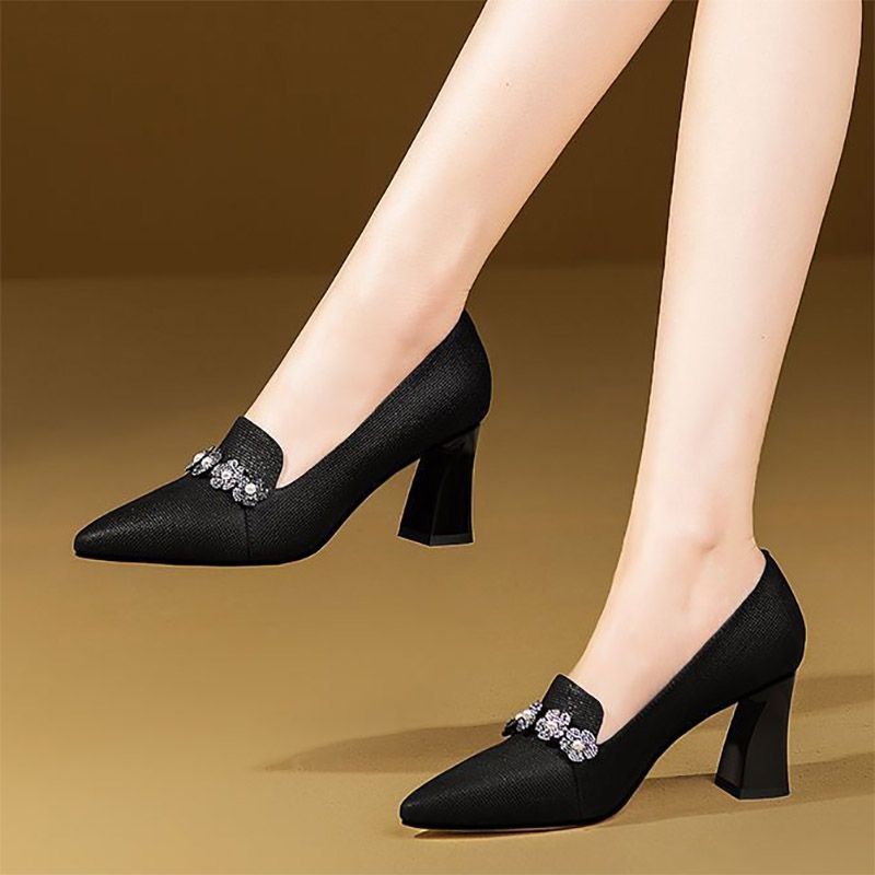 2024 Women's Elegant Pumps High Heels Dress Shoes Pointed Toe Flowers Pearl Boat Shoes Slip on Office Work Zapatos mujer 1019