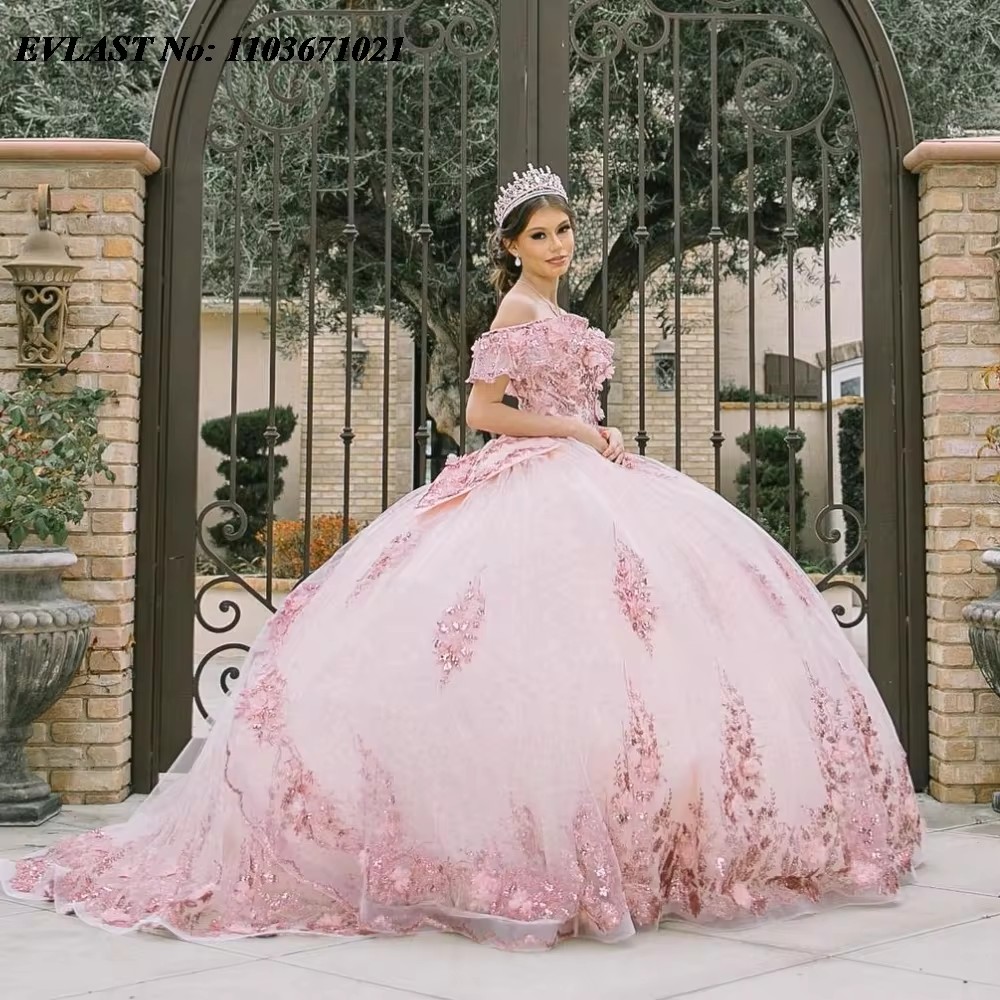 Elegant 2025 Pink Quinceanera Dresses Ball Gown Shiny Lace Applique Beaded Bow Mexico Corset Sweet 16 Vestidos De 15 Anos