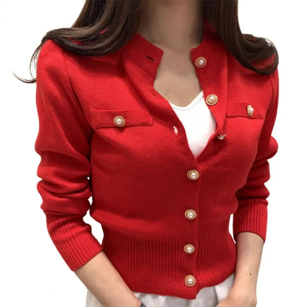 Stand up collar cardigan sweater with decorative pockets womens artificial pearl button solid color knitted jacket 240812