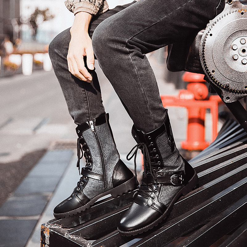 Mid-Carf Retro Punk 2021 Winter Men's Plus Veet Motorcycle All-match Toog Shoes Denim Mid-high Army Boots Men 2c84