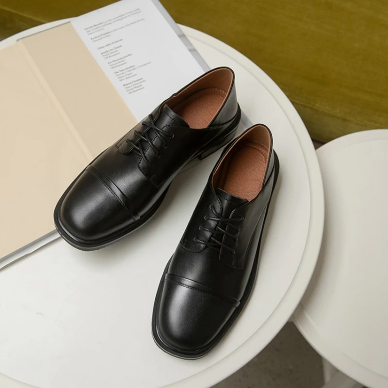 HOT SALE Spring/Autumn Women Loafers Genuine Leather Shoes for Women Round Toe Low Heel Women Pumps Casual Lace-up Oxford Shoes