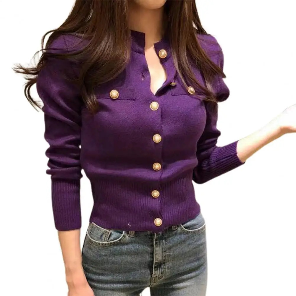 Stand up collar cardigan sweater with decorative pockets womens artificial pearl button solid color knitted jacket 240812