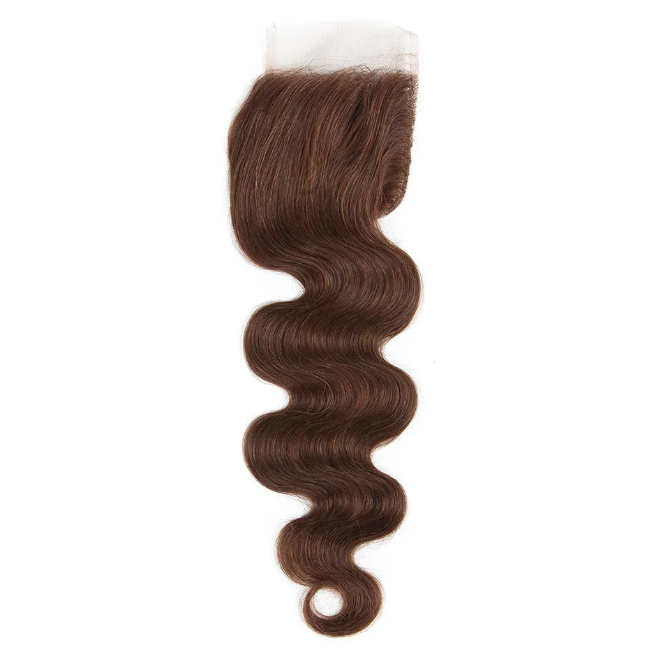 #4 Brown 4X4 Lace Remy Brazilian Human Chocolate Body Wave Closure With Baby Hair Hand Tied Transparent