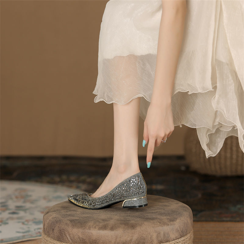 Designer Woman Trafa Shoes Crystal Pumps Low Heeled Party Bride Wedding Shoes Female Sequin Loafers Ladies Dress High Heels