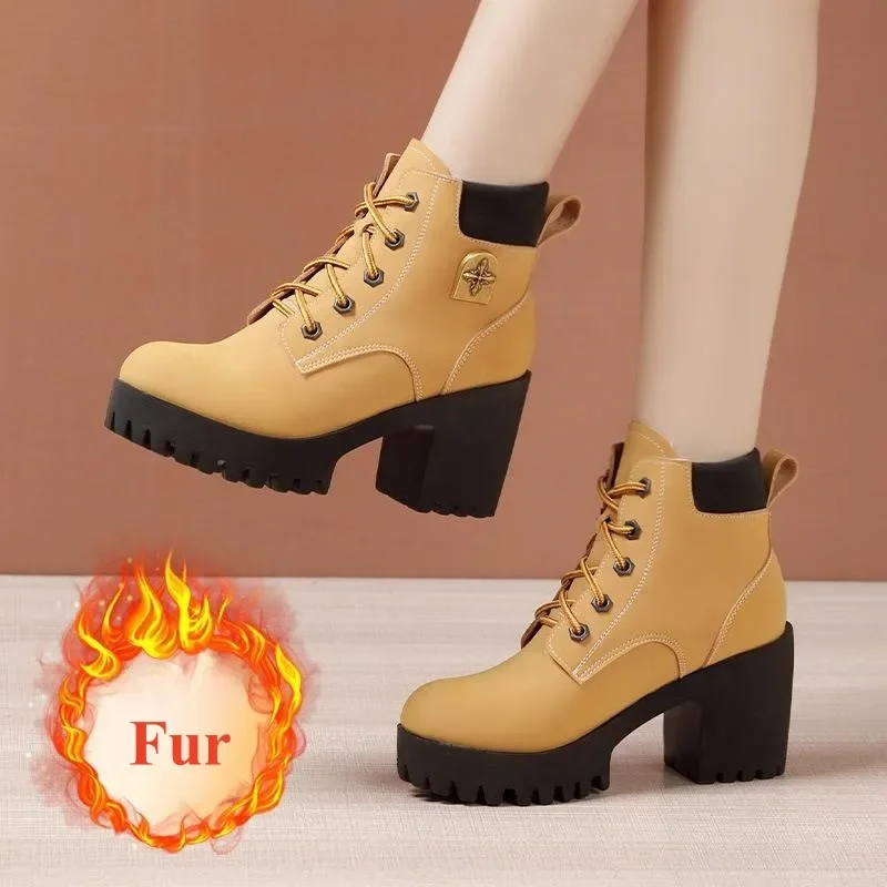 8cm 10cm Small Size 32-43 Thick Bottom Platform Shoes Genuine Leather Boots Winter 2024 Women's Block High Heels ANkle Boots