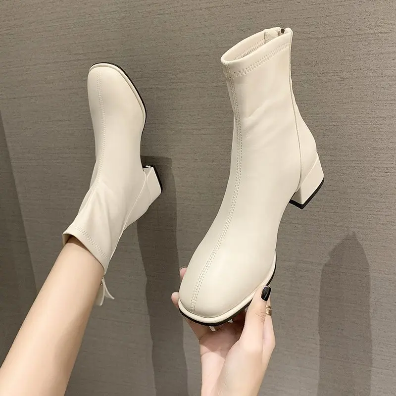 Elastic Soc Fashion Ankle High Thic Heel Square Toe Short Boots Women Retro Ladies Shoes 2023 95b9
