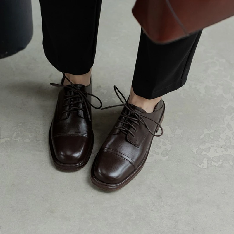 HOT SALE Spring/Autumn Women Loafers Genuine Leather Shoes for Women Round Toe Low Heel Women Pumps Casual Lace-up Oxford Shoes