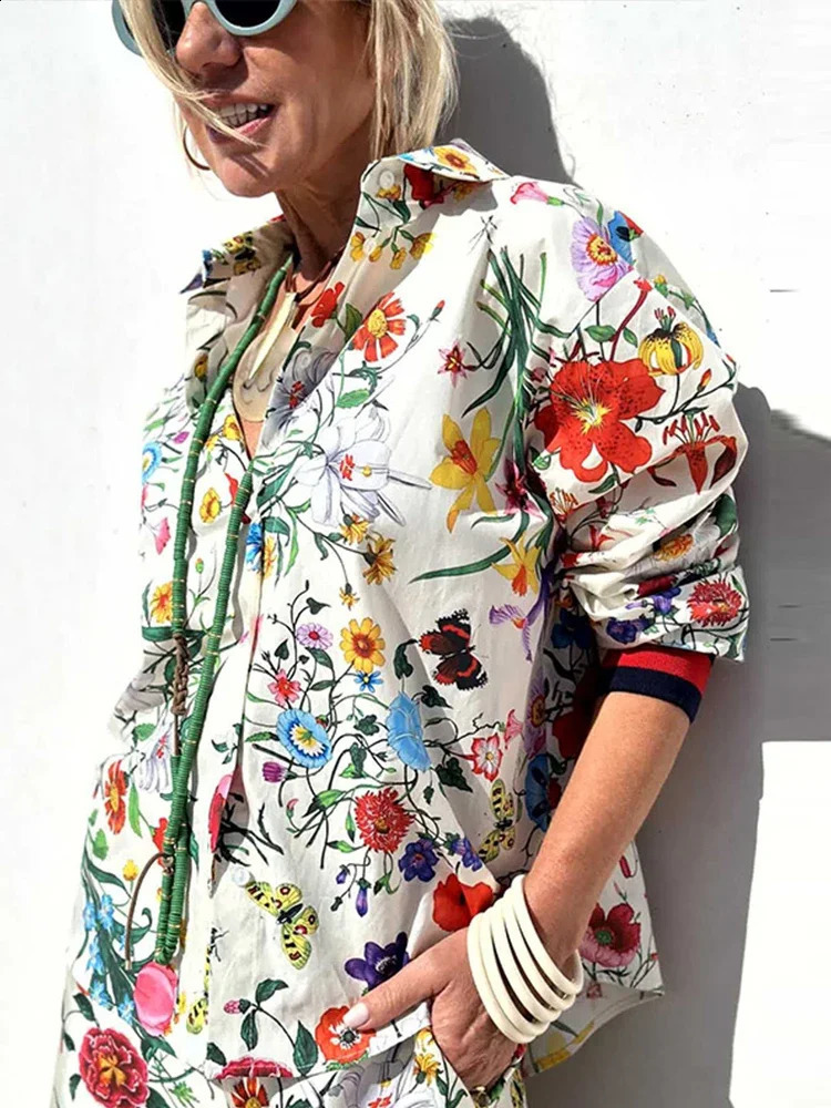 Floral Print Shirt Trousers Set Women Summer Lapel Single Breasted Shirts Wide Leg Pants 2024 Casual Fashion Lady 2 Pieces Sets240730