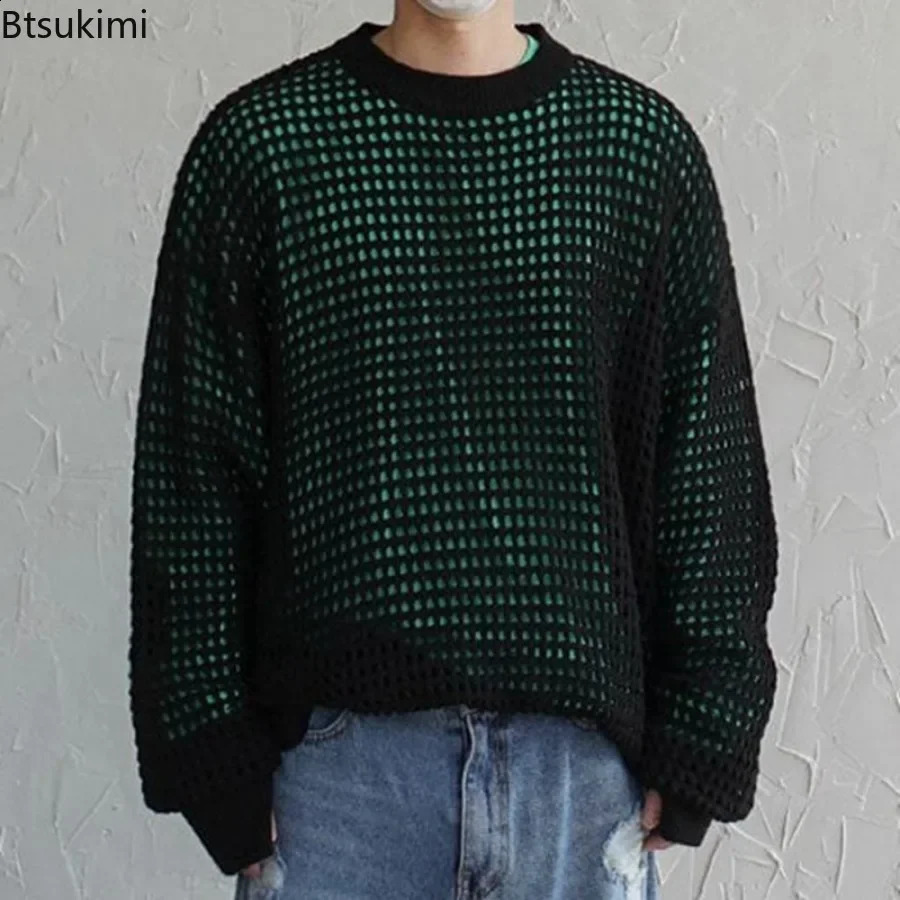 Mens Long Sleeve Knitted Top Sweater with Hollow Out Fishnet Style Retro Casual 240824