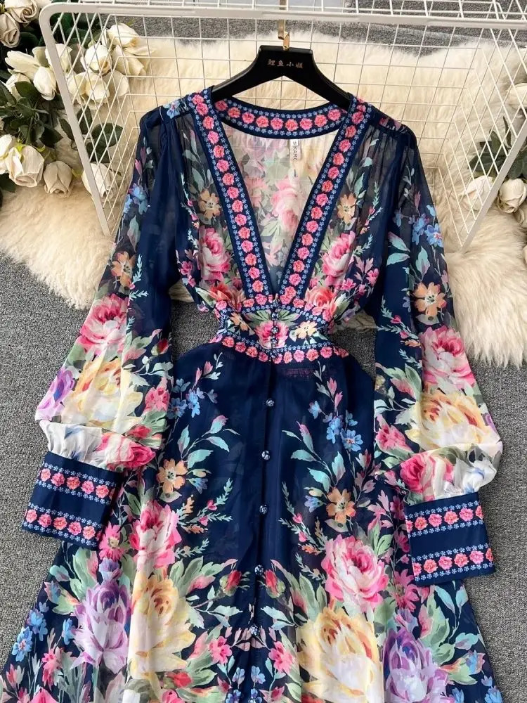 2024 Fashion Gorgeous Flower Chiffon See Through Ruffles Dress Women Sexy Deep V Neck Long Sleeve Floral Print Boho Robe Vestido240730
