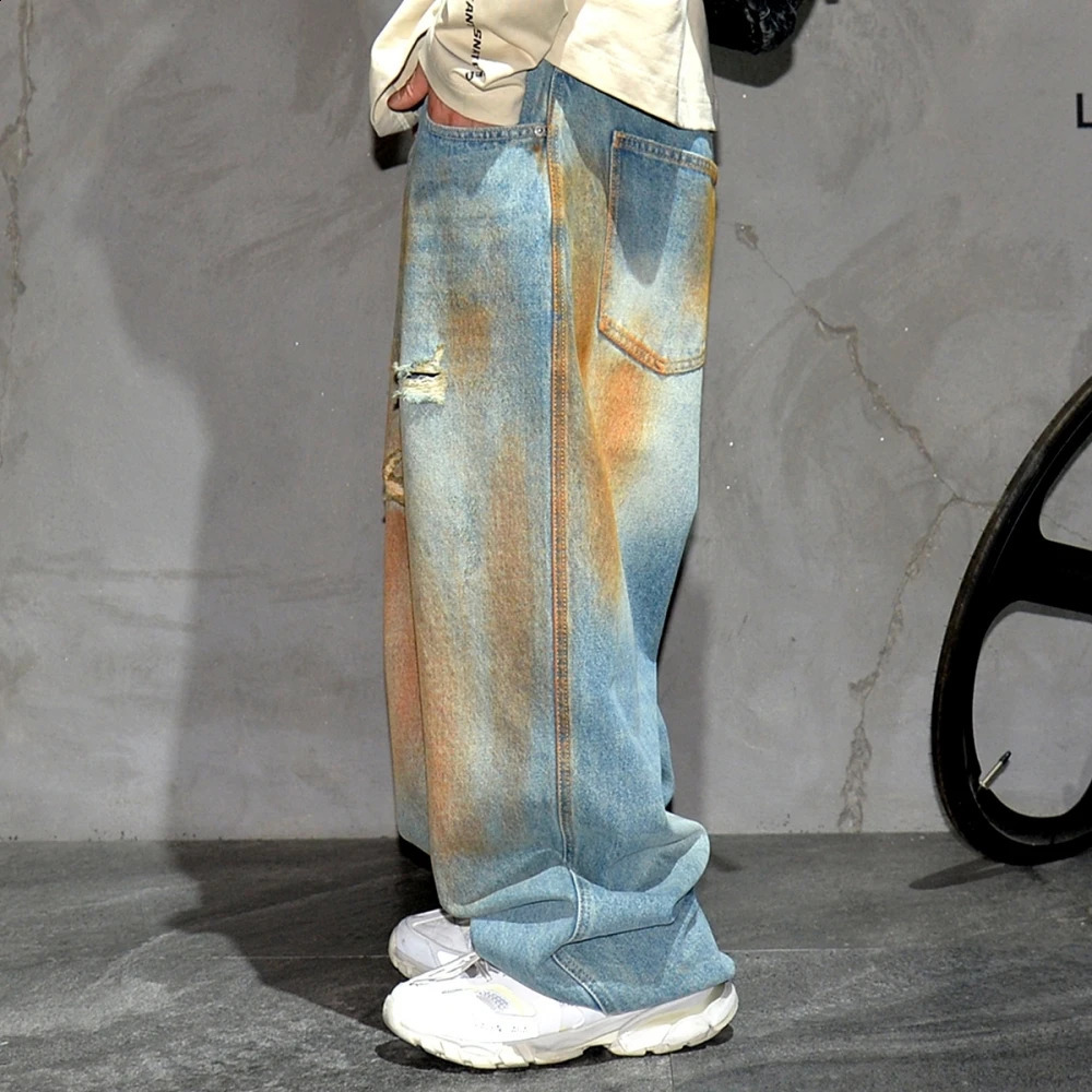 Korean clothing hiphop bag jeans mens Kpop Distressed Ripped denim cargo pants street 240816