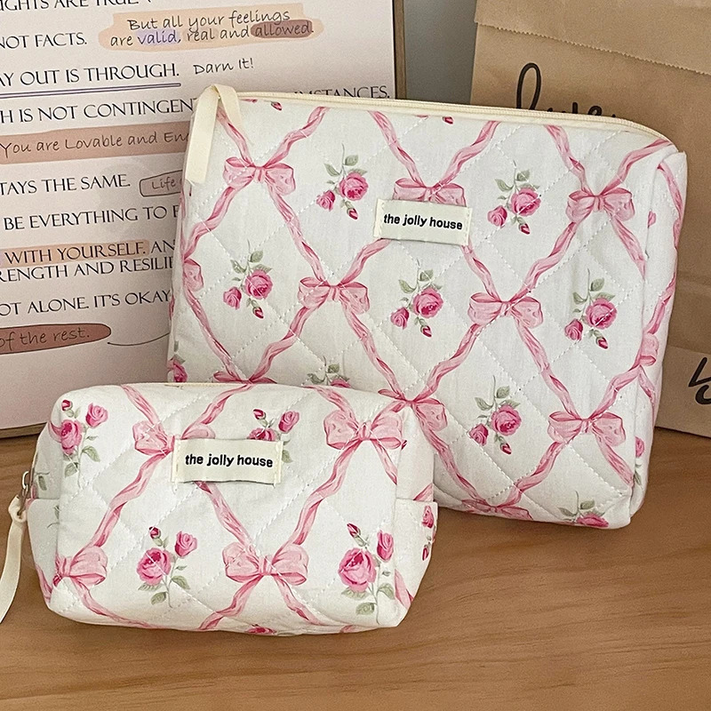 Large Capacity Cute Bow Flower Make-up Bag Portable Travel Cosmetic Bag 240730