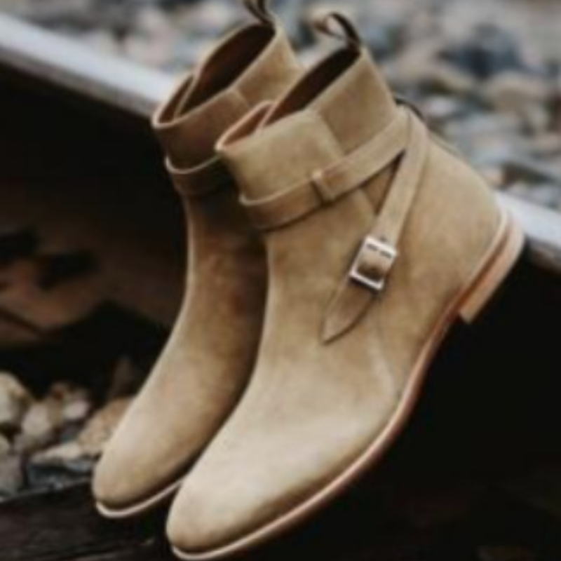 New Men Shoes Classic High-end Handmade Red Faux Suede Belt Adjustable Buckle Low-heel All-match Fashion Ankle Boots2021