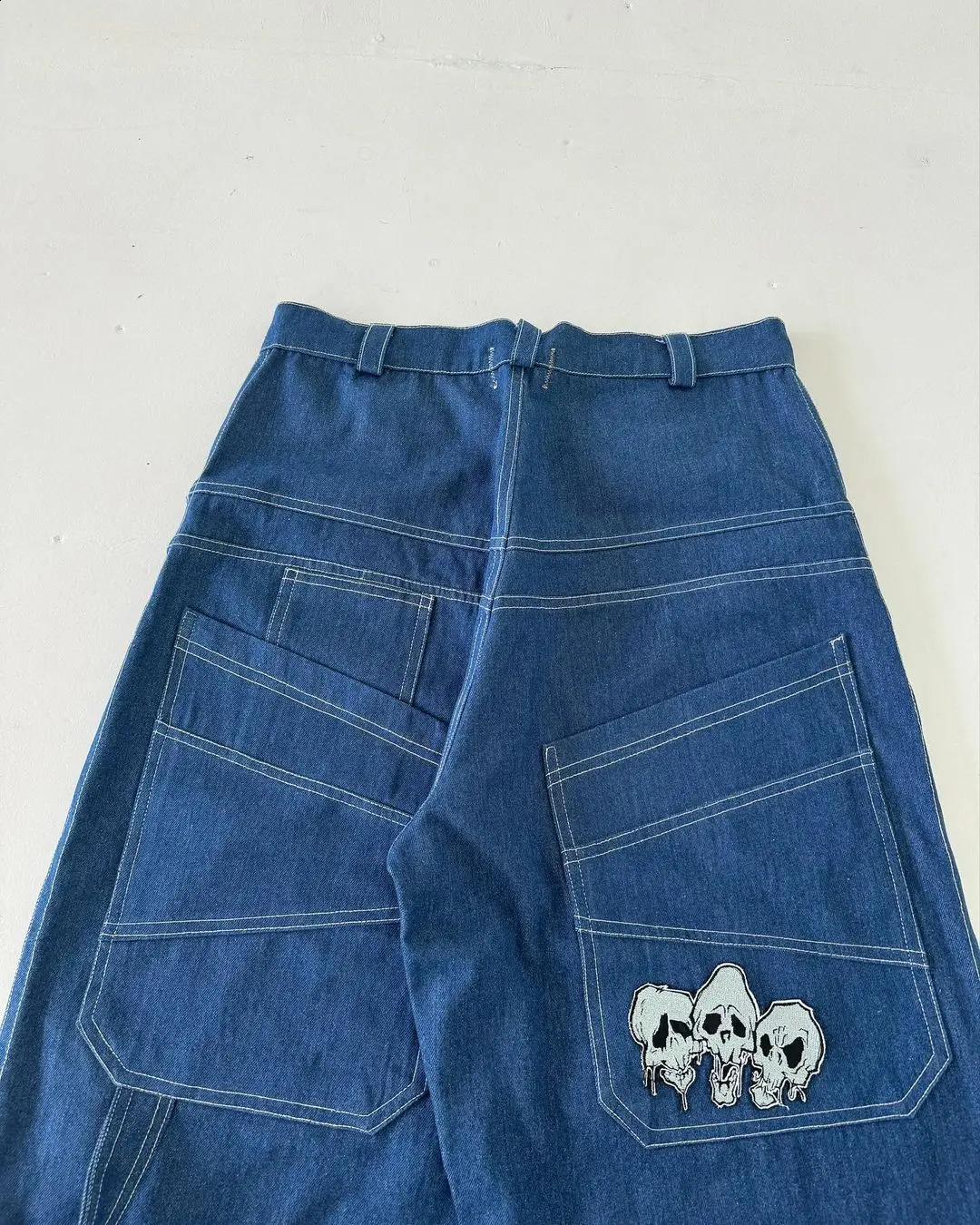 blue big pocket Skull printed loose Jeans Hip Hop streetwear fashion trend Straight pants casual Wide Leg pans Y2k 240806