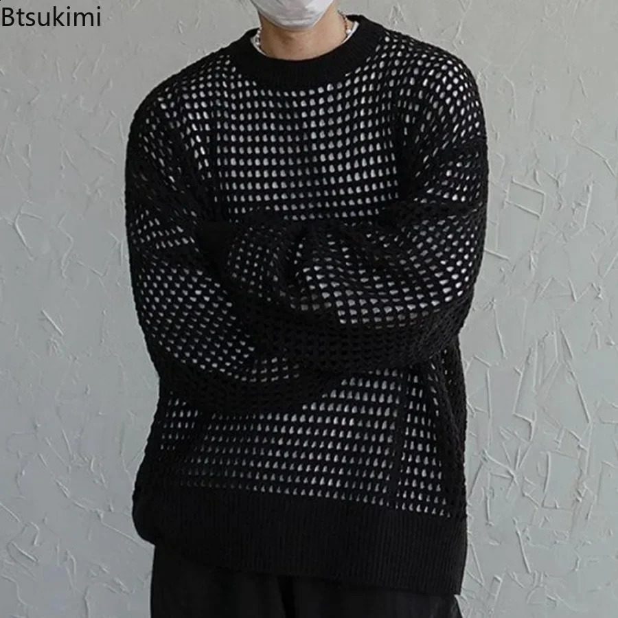 Mens Long Sleeve Knitted Top Sweater with Hollow Out Fishnet Style Retro Casual 240824