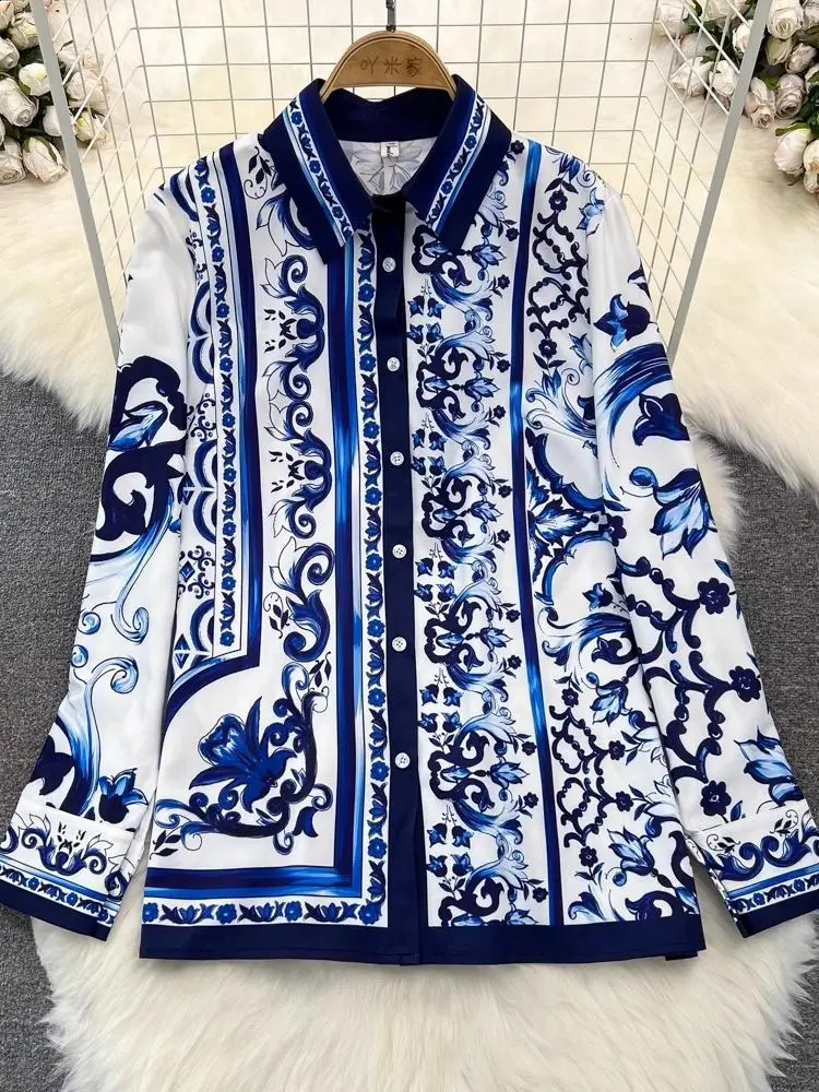 Autumn Blue And White Porcelain Flower Print Two Piece Set Womens Long Sleeve Shirt TopPocket Pencil Satin Pant Suit Outfits240730