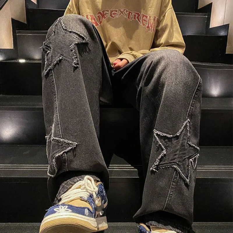 Xpqbb Y2K Vintage Streetwear Jeans Women Harajuku Star Aesthetic Wide Leg Denim Trousers High Waist Unisex Couple Straight Pants 240806