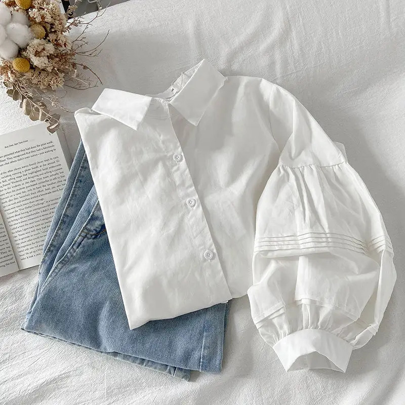 Puff Sleeve Shirt White Turn Down Collar Preppy Style Chic Female Tops Korean Fashion All Match Simple Summer Blouse y240821