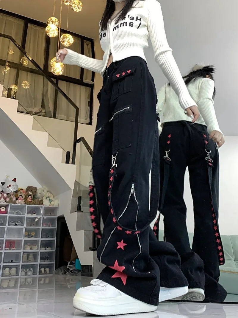 American Black Ribbon Patchwork Hiphop Contrast Color Star Pants Zipper High Waist Preppy Style Vintage Trousers Y2k Wide Leg 240806