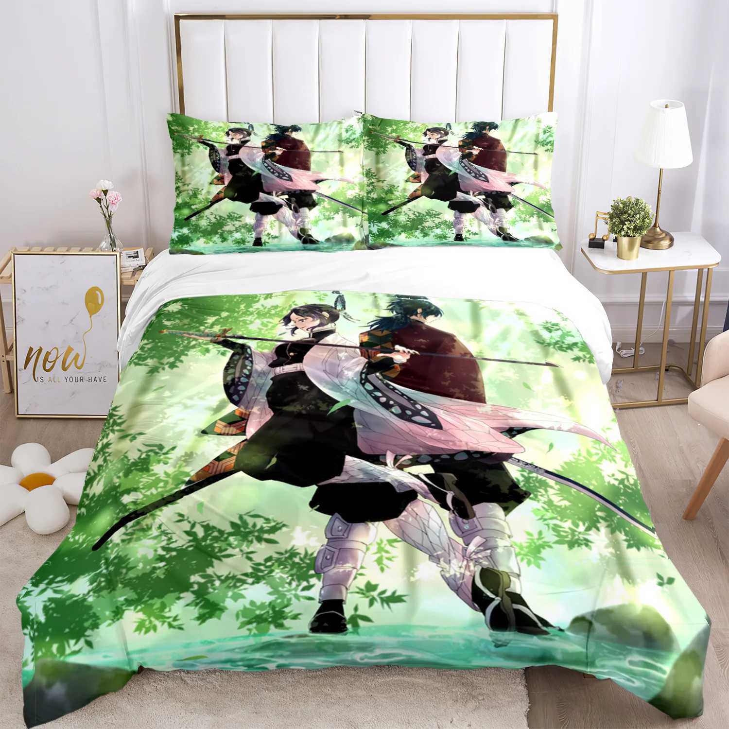 Anime Demon Slayer Print Bedding Set 2/3pieces Nezuko Bed Linen Queen Double Single King Size Duvet Cover Set Kids Adults Gift Y240730