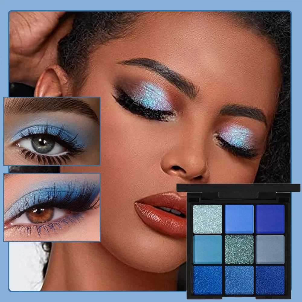 9 Color Eyeshadow Palette Blue Waterproof Sweatproof Blue Matte Pearl Glitter Finish Performance Stage Makeup Music Festival W250520