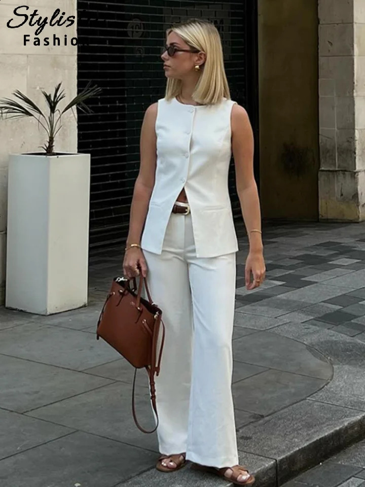 Elegant Vest Pants Set 2 Pieces Sleeveless Oneck Single Breasted Top High Waist Wide Pant 2024 Summer Office Lady Outfit y240810