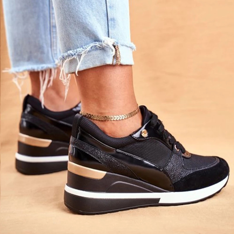 Women Wedge Sneakers Fashion PU Leather Patchwork Height Increasing Sport Shoes Ladies Casual Platform Shoes Zapatos De Mujer