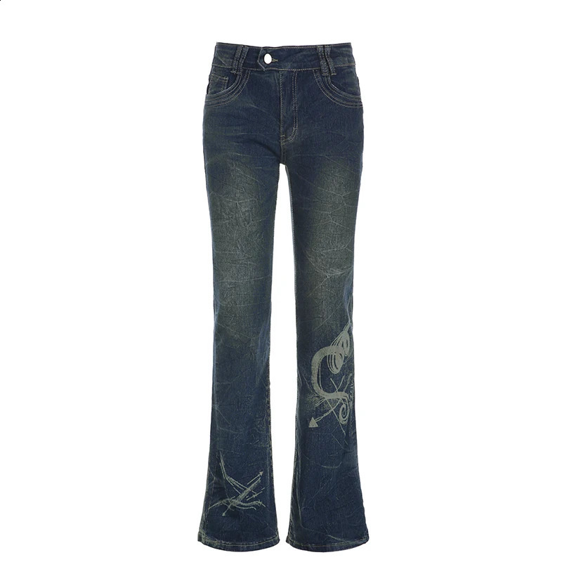 Rockmore Y2K Low Rise Flare Jeans for Woman Streetwear Aesthetic Print Jean Pants Vintage Washed Denim Trouser Grunge Fairycore 240806