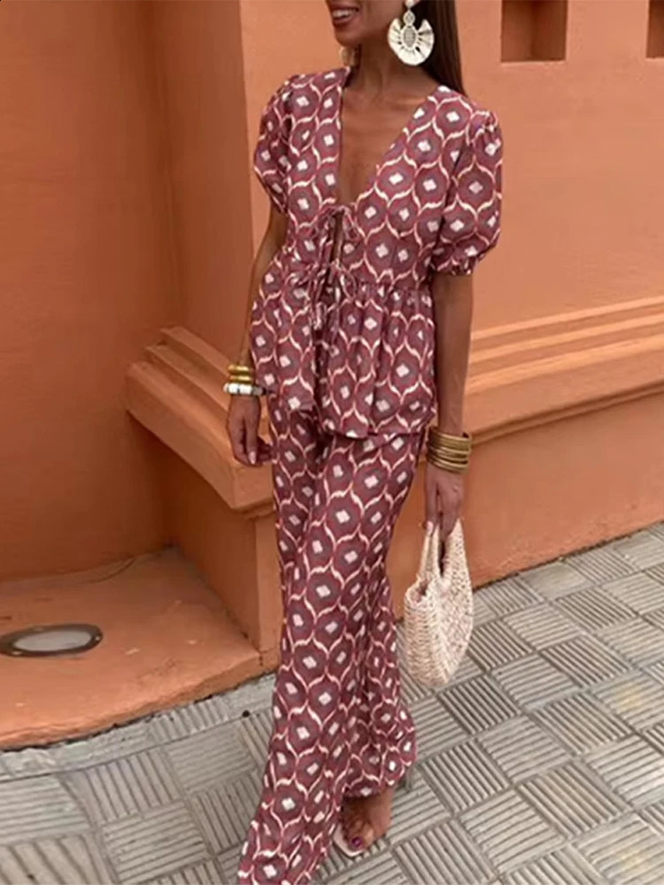 Printed lace shirt and pants 2piece set for women elegant casual Vneck top wide leg mens 2024 womens puff short sleeved 240729